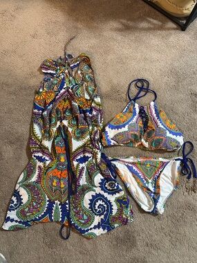 Colorful Paisley Halter Bikini Set with Matching Cover-Up